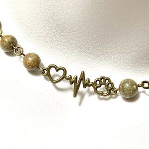 Natural Earthy Unakite Necklace, Bronze Paw Print Heart Beat + Genuine Gemstone